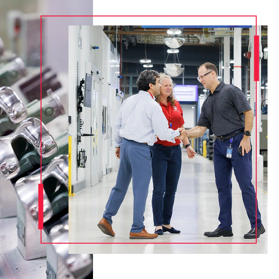 photo collage with a light crimson frame connecting an image of 3 people shaking hands on a factory floor and a close up of titanium orthopedic devices