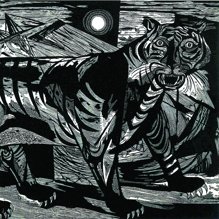 A black and white drawing of a tiger.