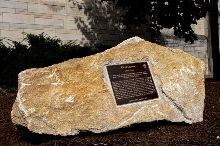 A marked rock with a plaque sits on fresh mulch Oct. 7 in front of Woodburn Hall.