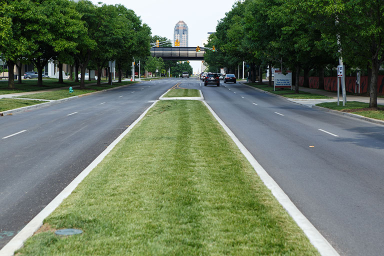 Looking east on New York Street as it runs through the IUPUI campus